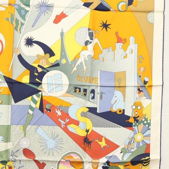 HERMES Carre 90 Scarf ""CA DECOIFFE!"" Silk Beige Auth 137450M - Picture 7 of 13